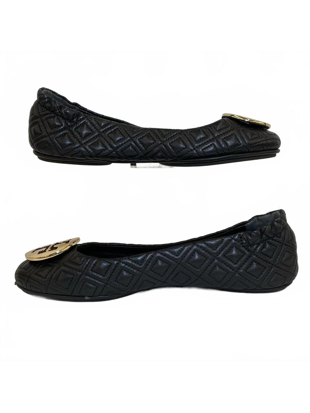 Tory Burch Minnie Quilted Leather Travel Ballet Flats Black Gold Size 7.5M - Picture 2 of 7